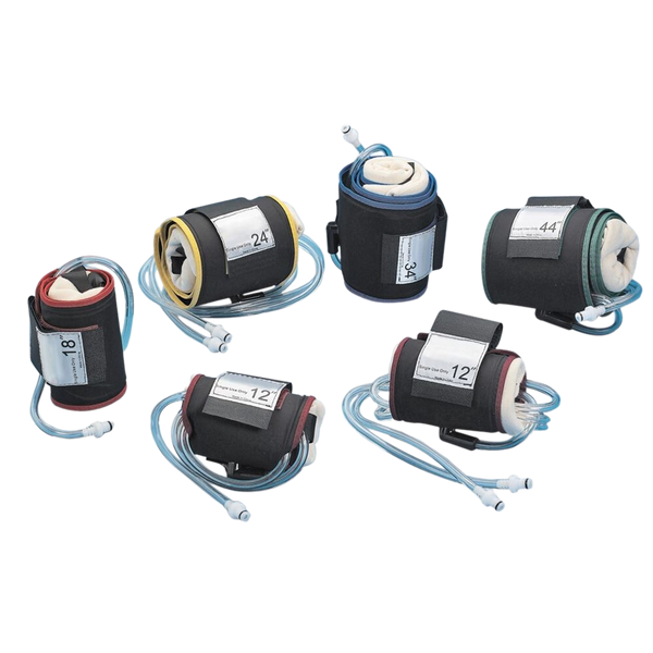 A full set of legacy pneumatic tourniquet cuffs in five sizes