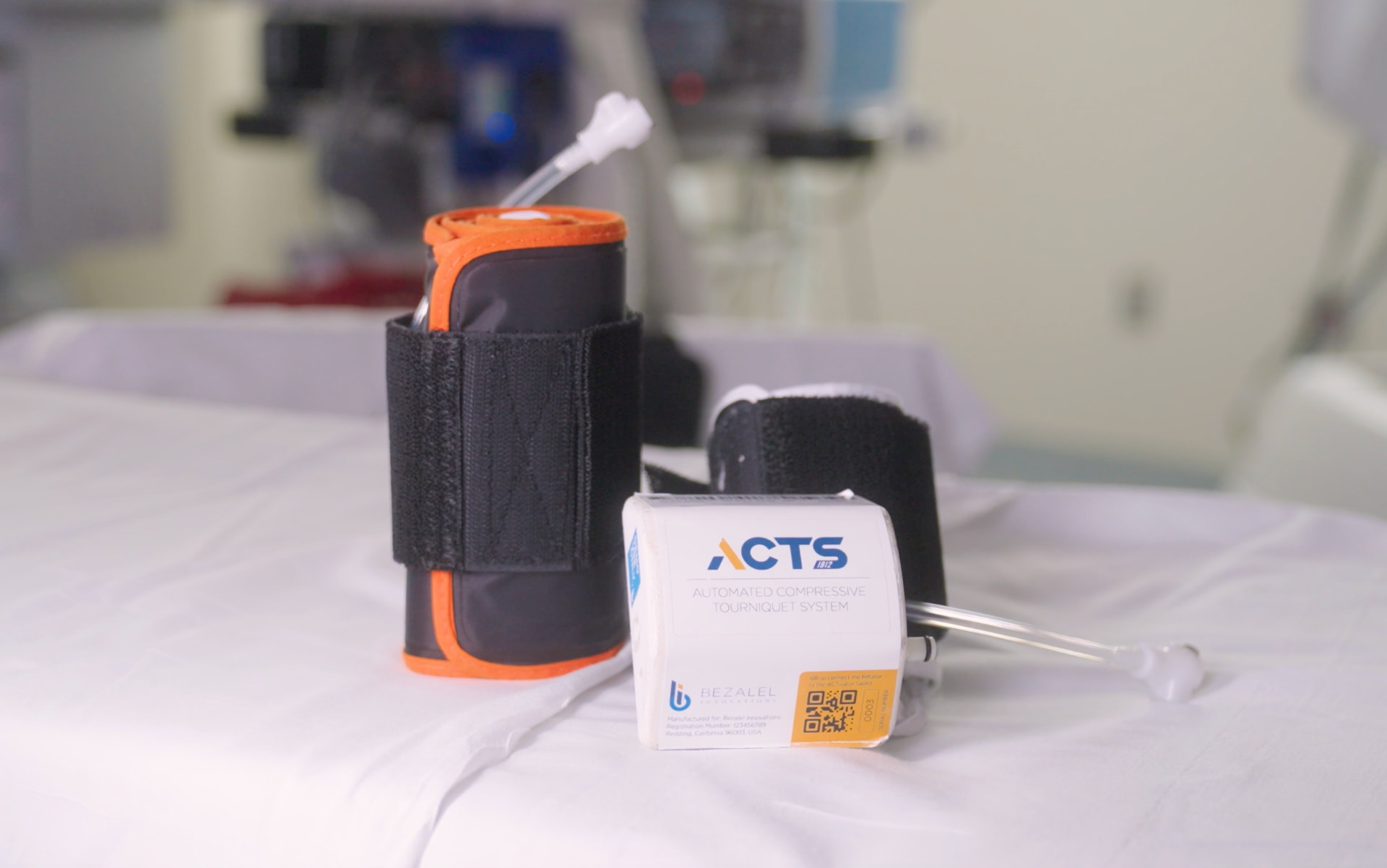 ACTS cuffs and Inflator resting on the OR table, fully self-contained with no cords