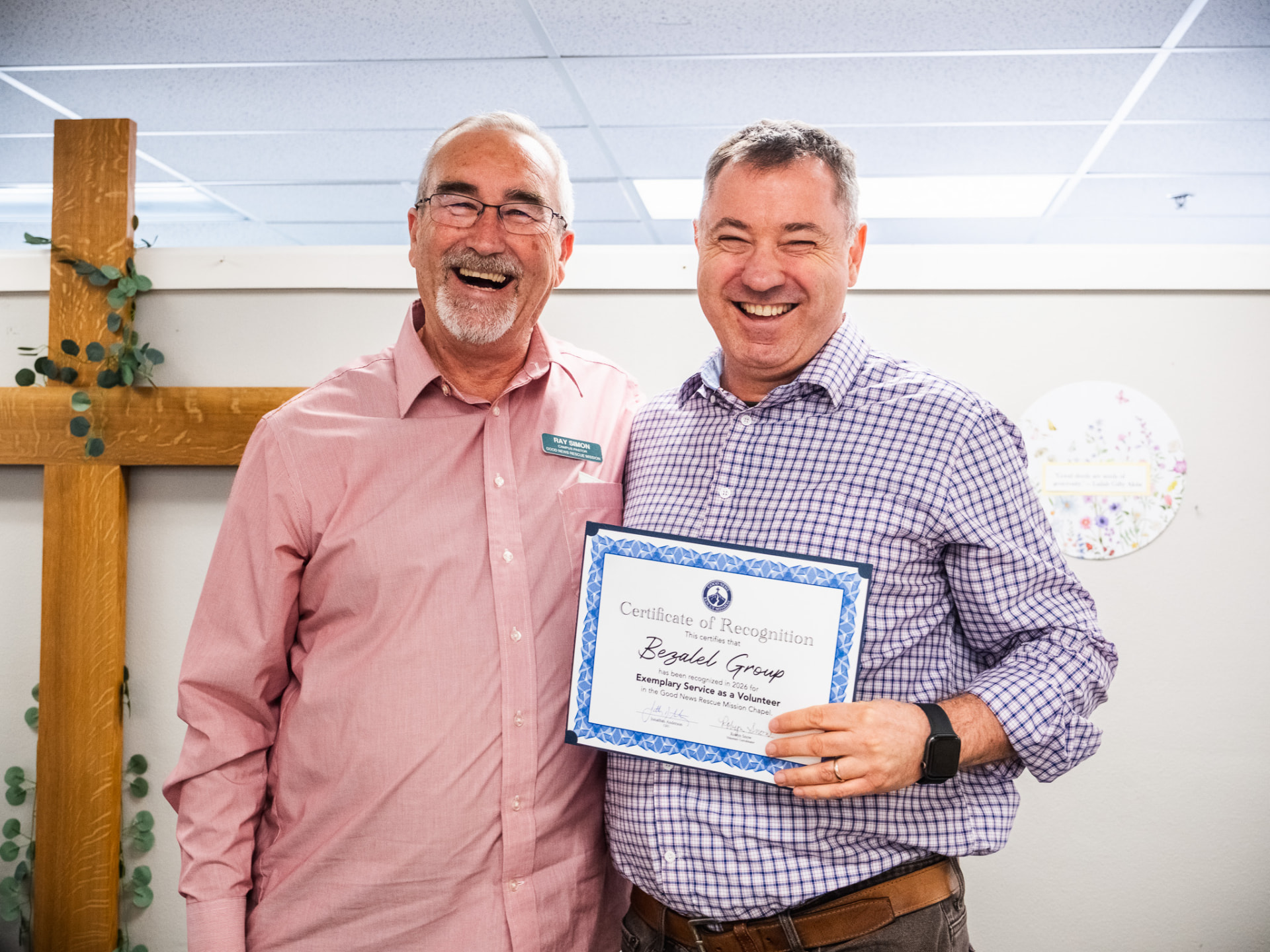 Bezalel Innovations recognized with a Certificate of Recognition for volunteer service at the Good News Rescue Mission chapel in Redding, California