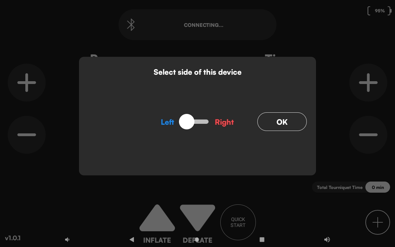 ACTS tablet interface prompting the user to select left or right side for the connected device